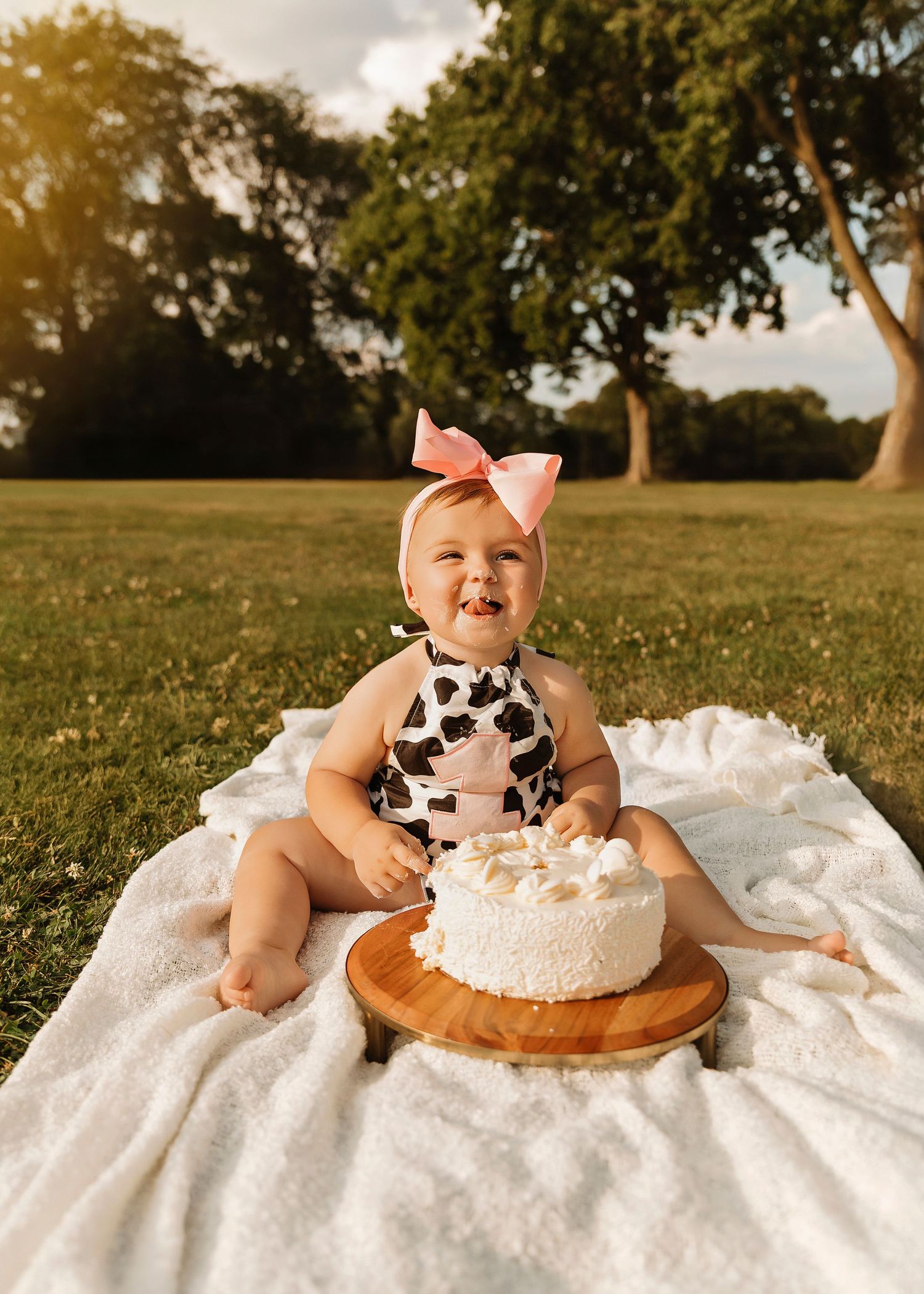 Outdoor cake smash with happy baby girl in cow print, Chicago Illinois location during golden hour