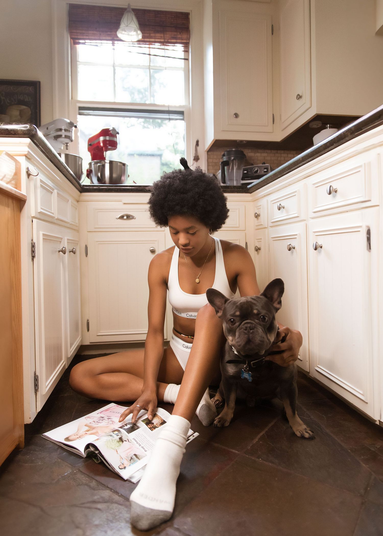 In-home boudoir session with dog in Peoria, IL