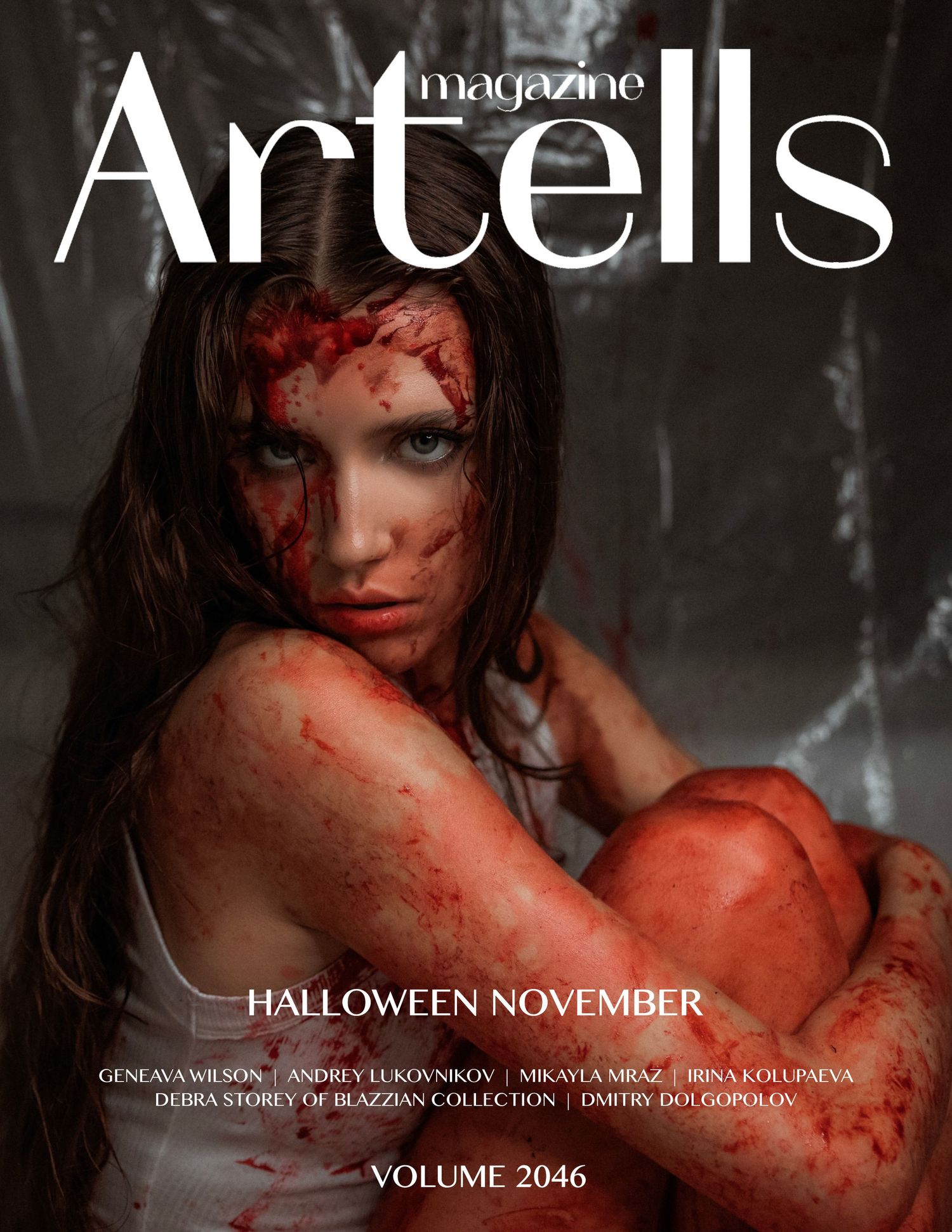 Artells magazine cover, halloween photo, bloody girl, fake blood, creative concept photo session in Peoria, IL, in home photography
