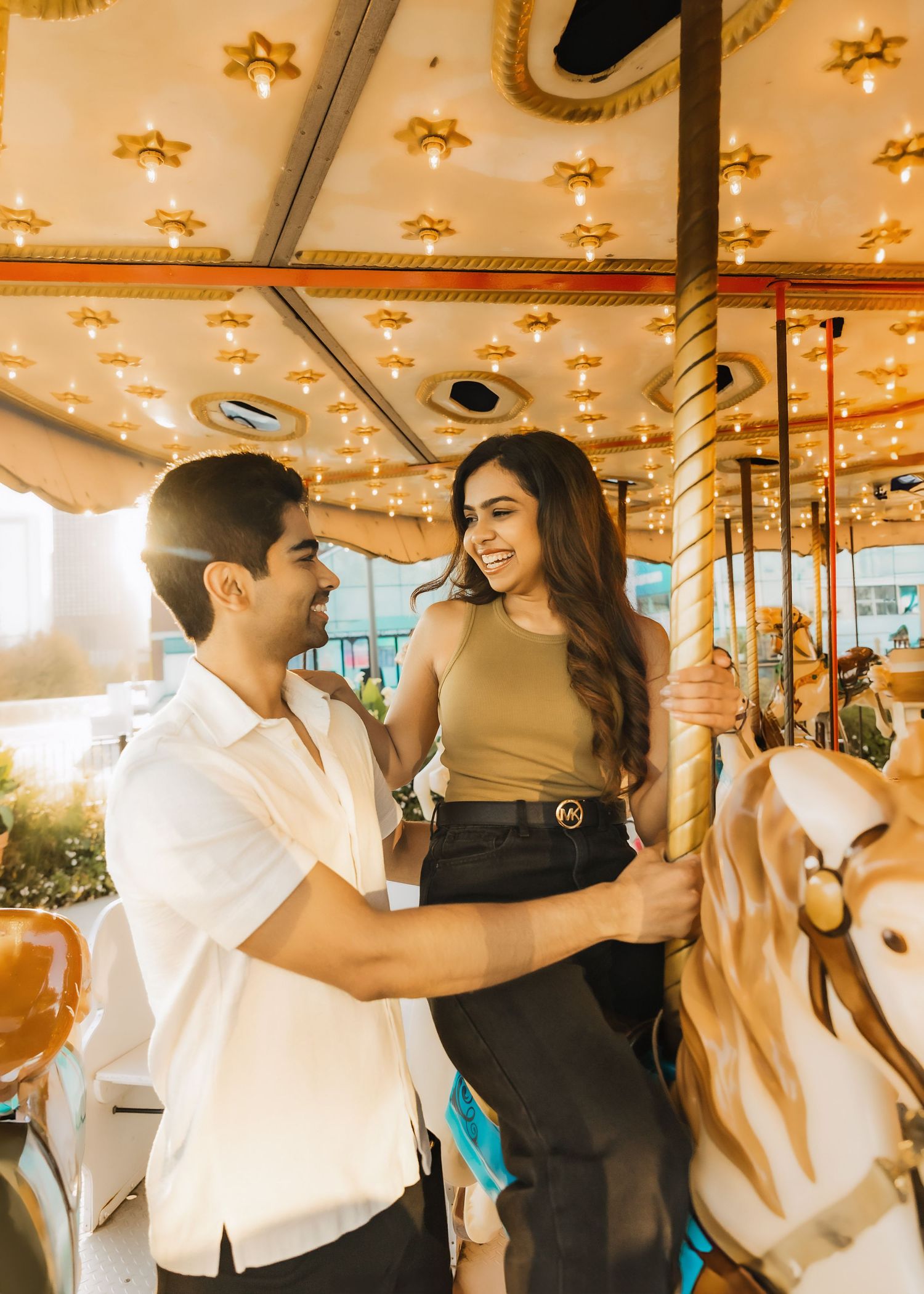 Navy Pier Couples session on carousel during golden hour in Chicago