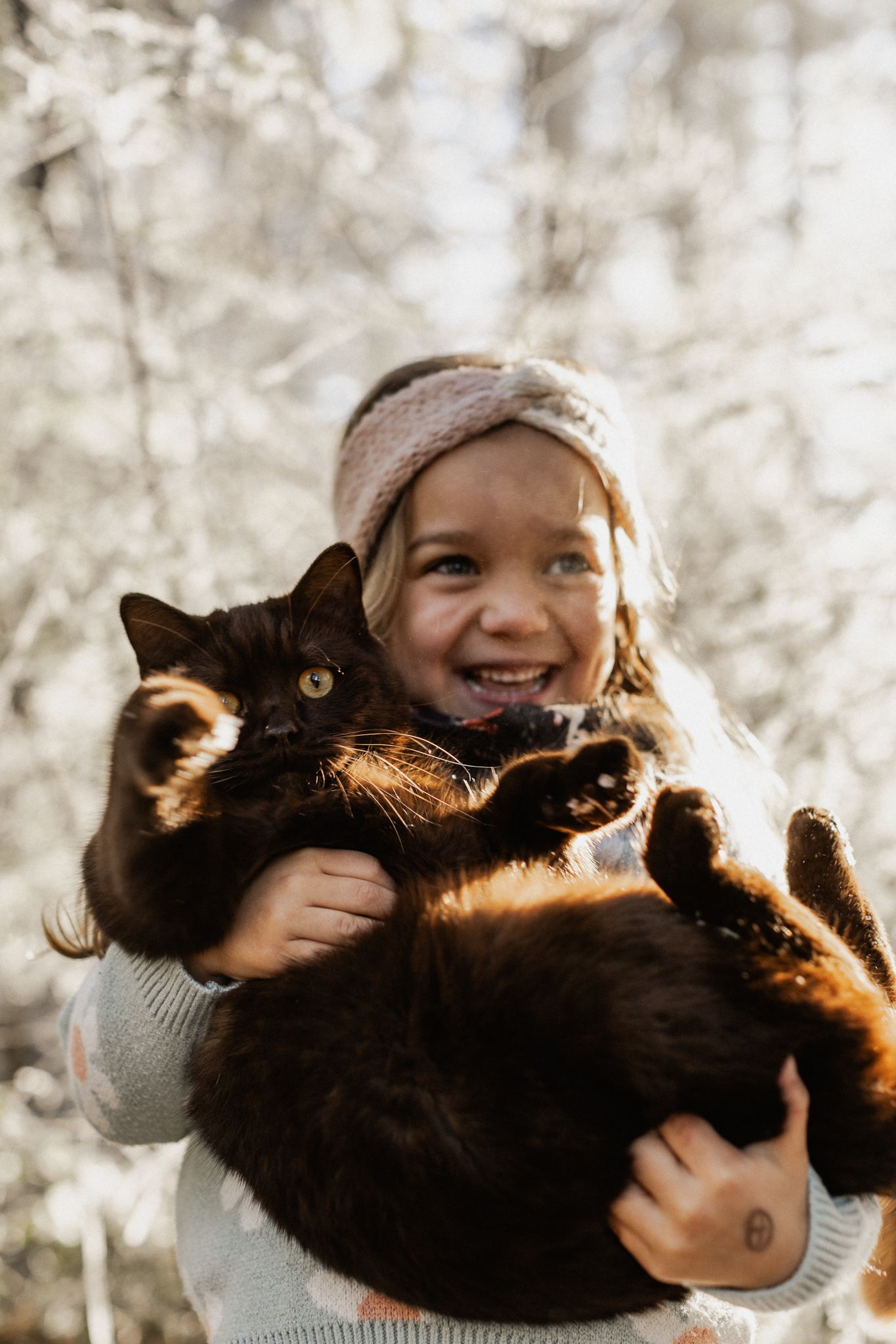 Ein Mädchen und ihre Katzen während des Familienshooting kuscheln und lachen.