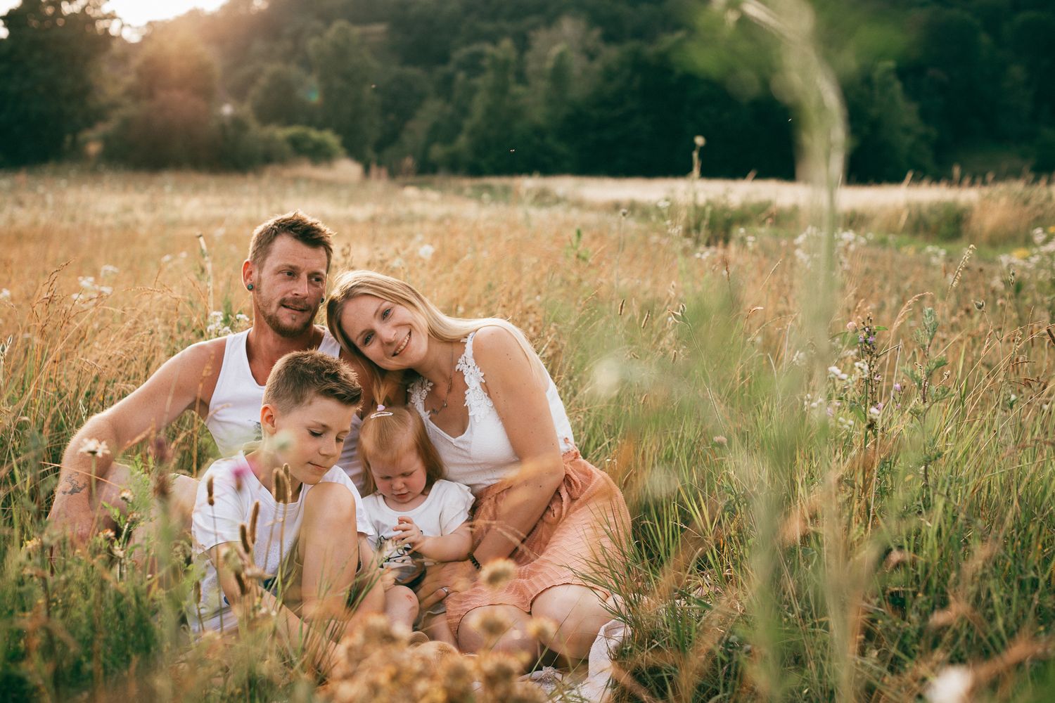 Ein schöner Familienmoment, eingefangen in einer goldenen Wiese bei Sonnenuntergang.
