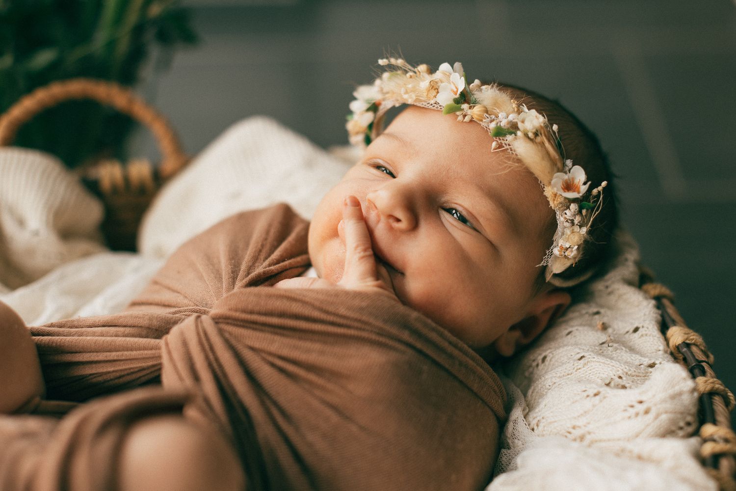 Zarte Nahaufnahmen eines schlafenden Babys mit einem feinen cremefarbenen Blumenkranz – eingefangen im warmen, sanften Licht in Tawern.
