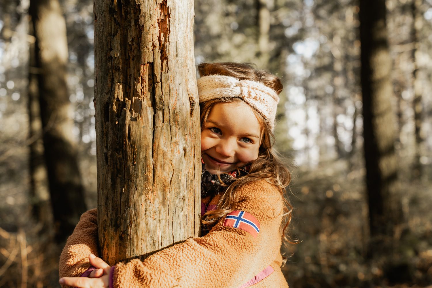 Kinder spielen Verstecken zwischen hohen Bäumen in einem sonnenbeschienenen Wald in Pellingen.