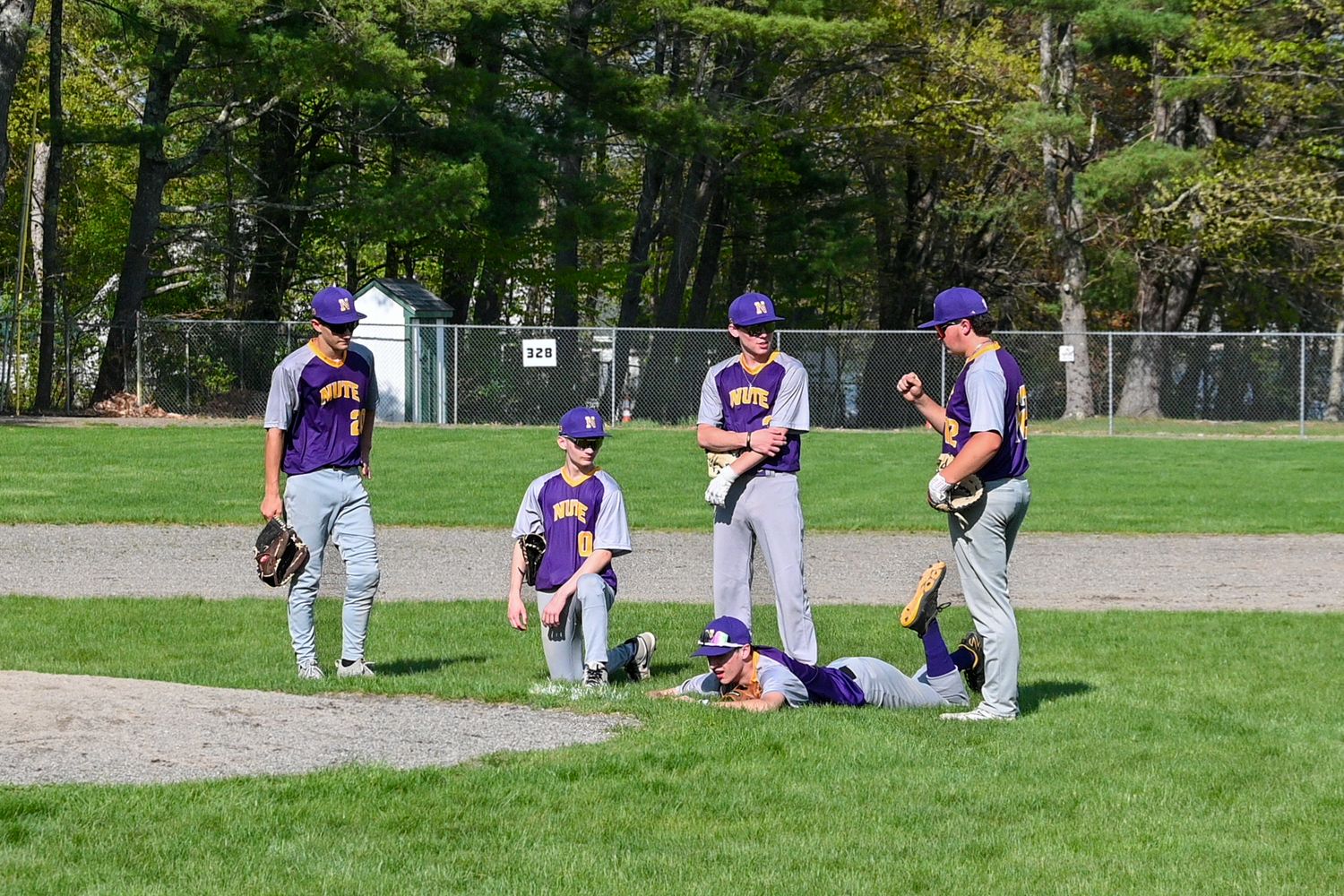 Baseball players in purple uniforms gather on the pitcher's mound during a sunny game on a grass field.
