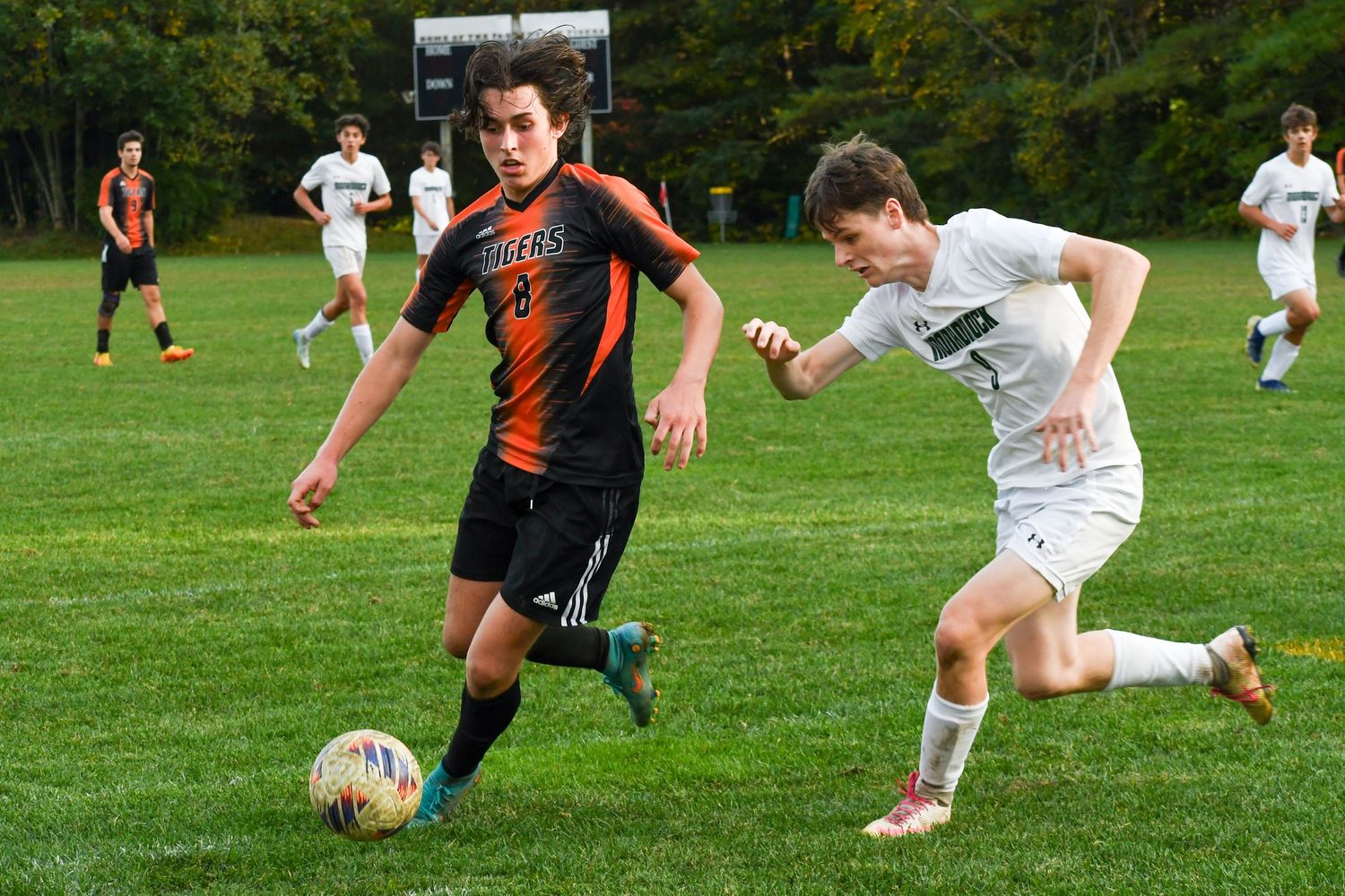 Players from opposing teams chase after soccer ball during competitive match.