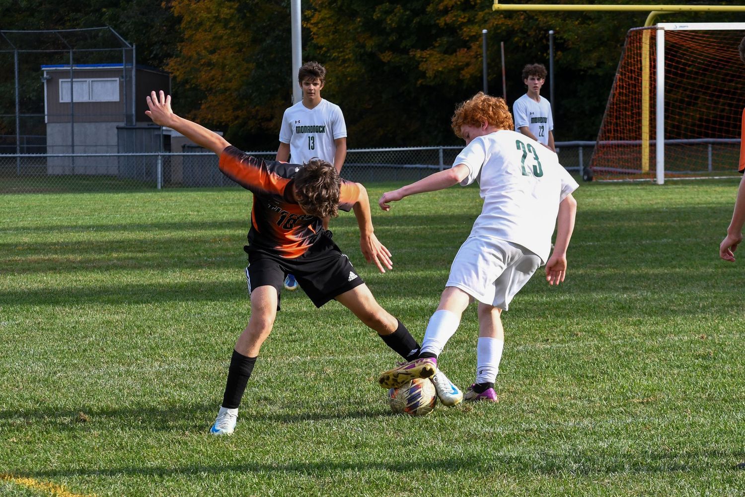 Soccer players competing for ball control during intense match on grass field.