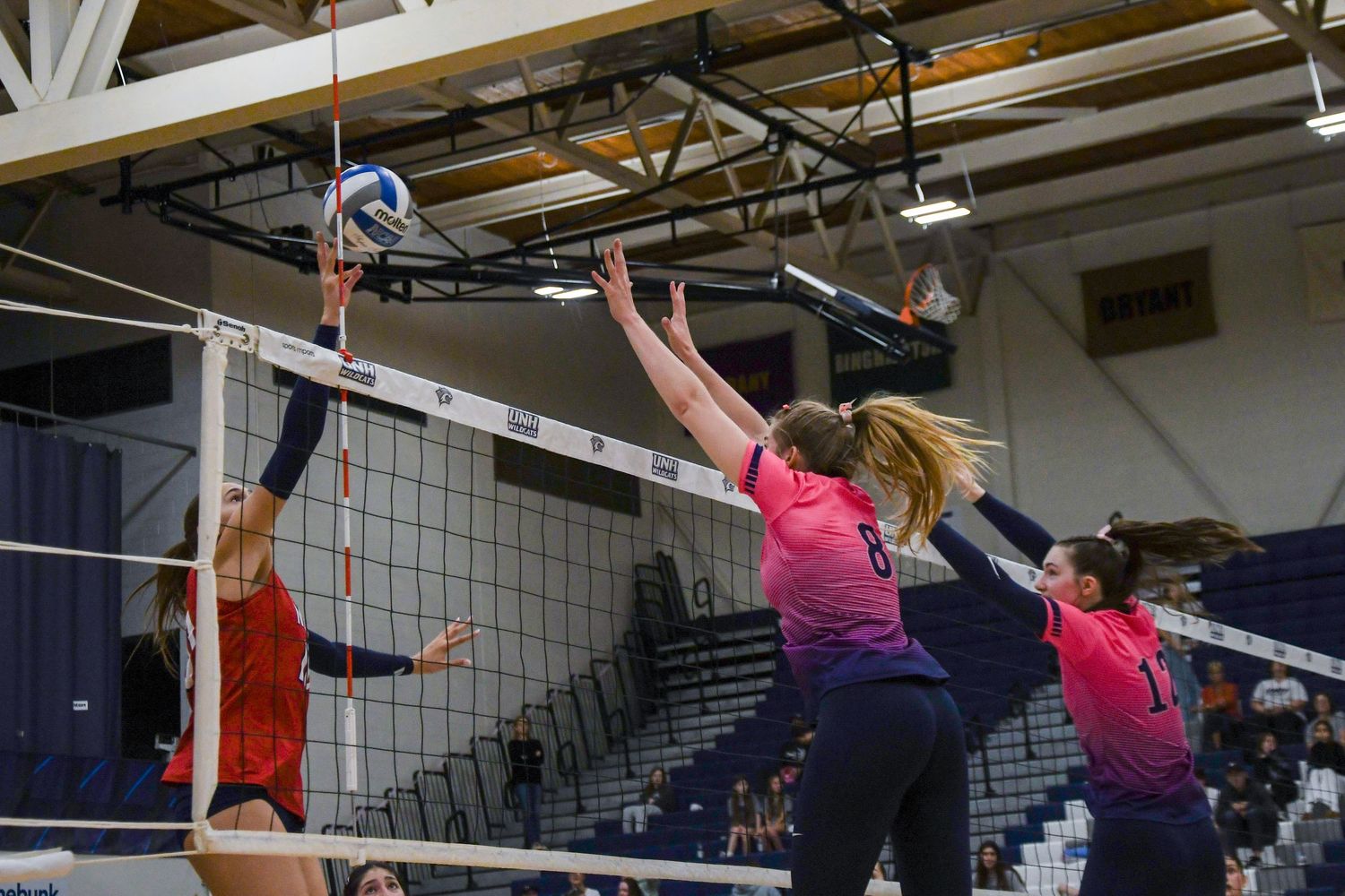 Volleyball players compete at the net as one athlete spikes the ball while two opponents attempt to block.