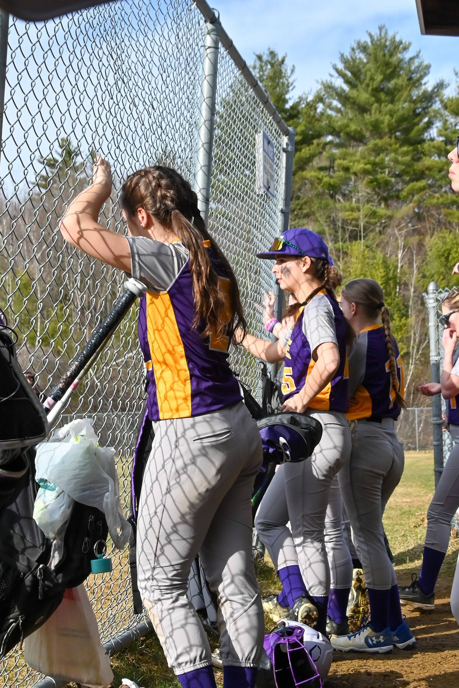 Softball players in purple and white uniforms gather near a chain-link fence during a game.
