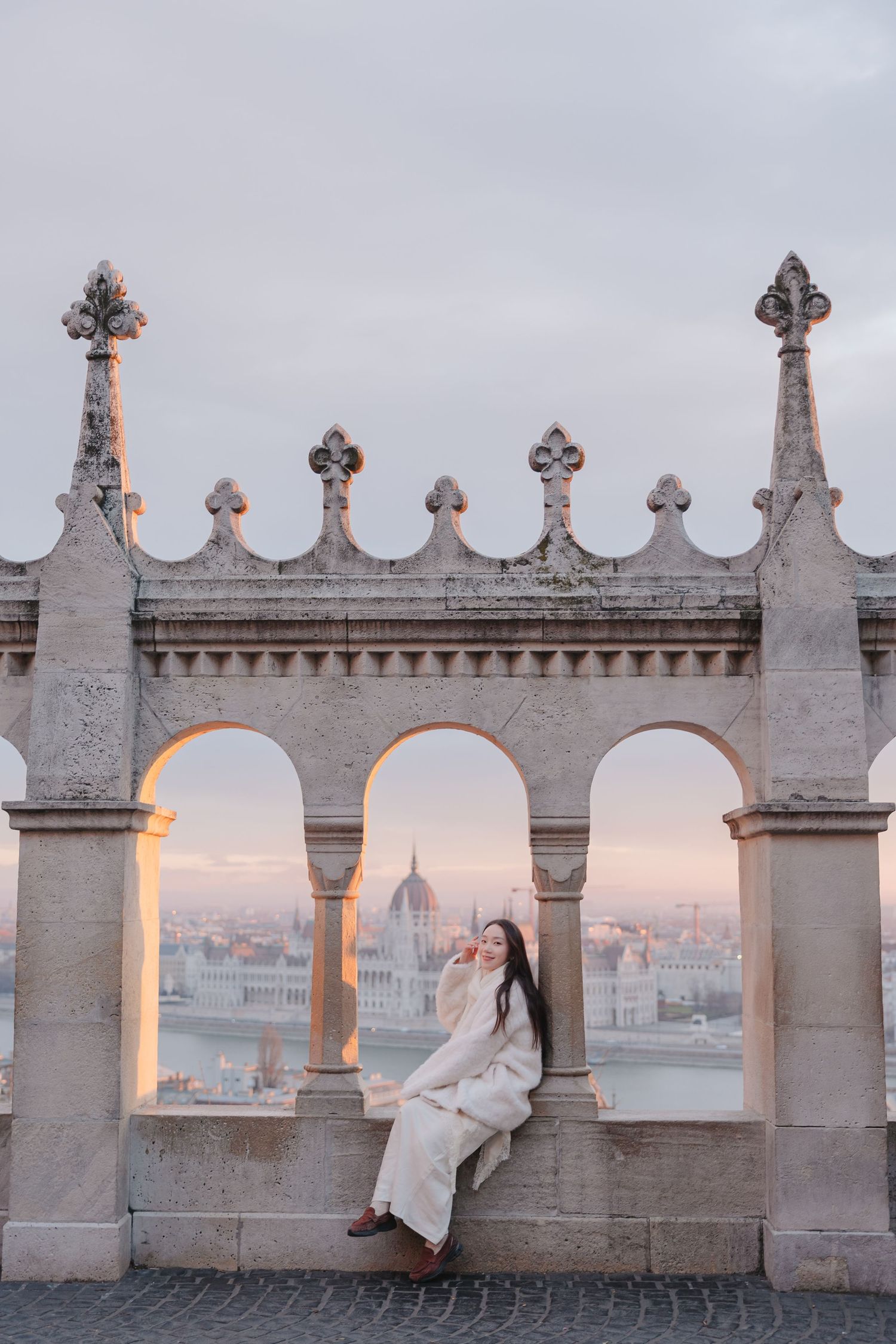 Solo traveller Sunrise photoshoot at Fisherman's Bastion in Budapest