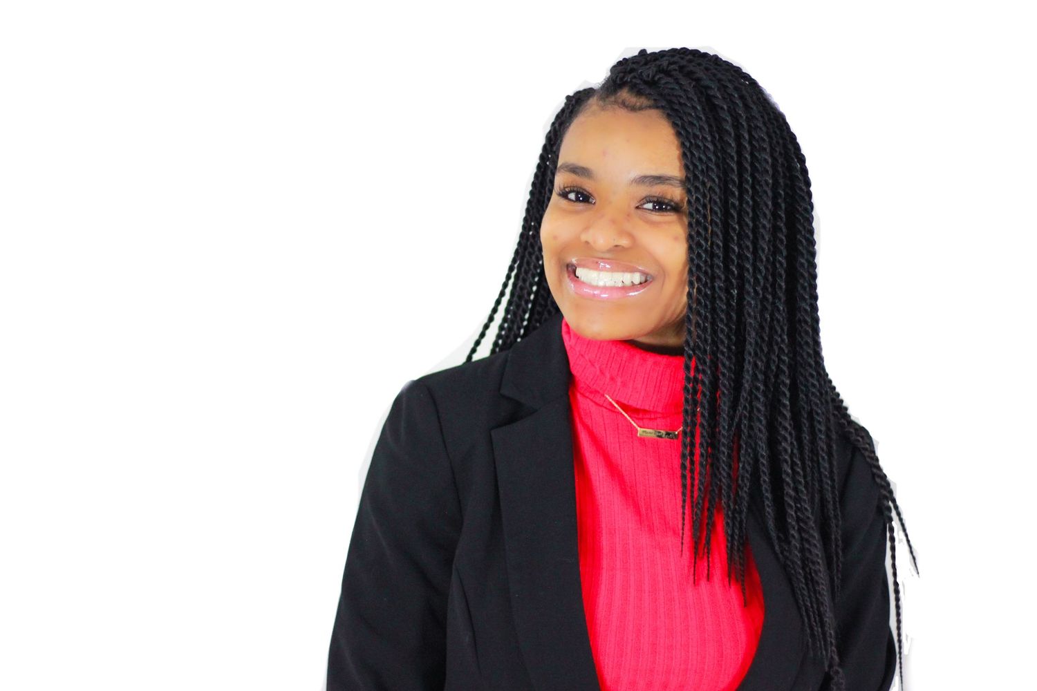 Professional headshot series with a person wearing a bright red turtleneck against a light backdrop.