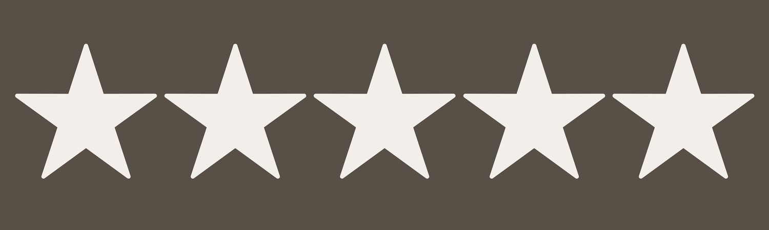 Five white stars arranged in a row on a dark gray background, representing a five-star rating symbol.