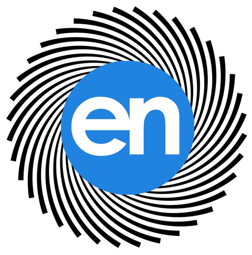 Modern black and white spiral logo with blue 