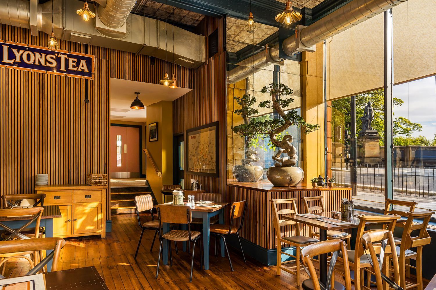 Bright café with wood-panelled walls, large windows, indoor plants, and a mix of modern and rustic furniture, featuring a cozy ambiance.