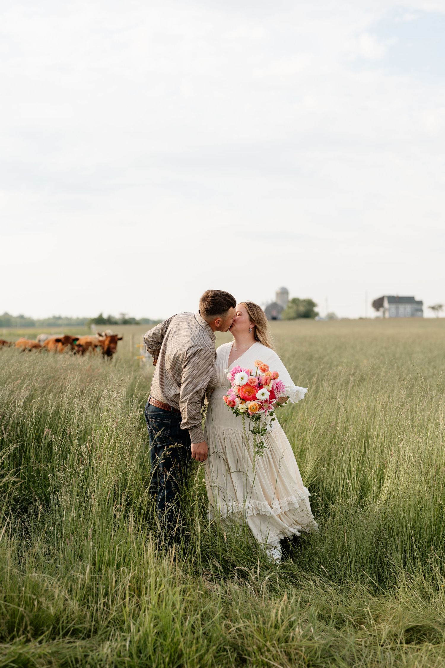 A couple shares a kiss in a lush green field, bride holding a colorful bouquet, with cattle grazing in the background.