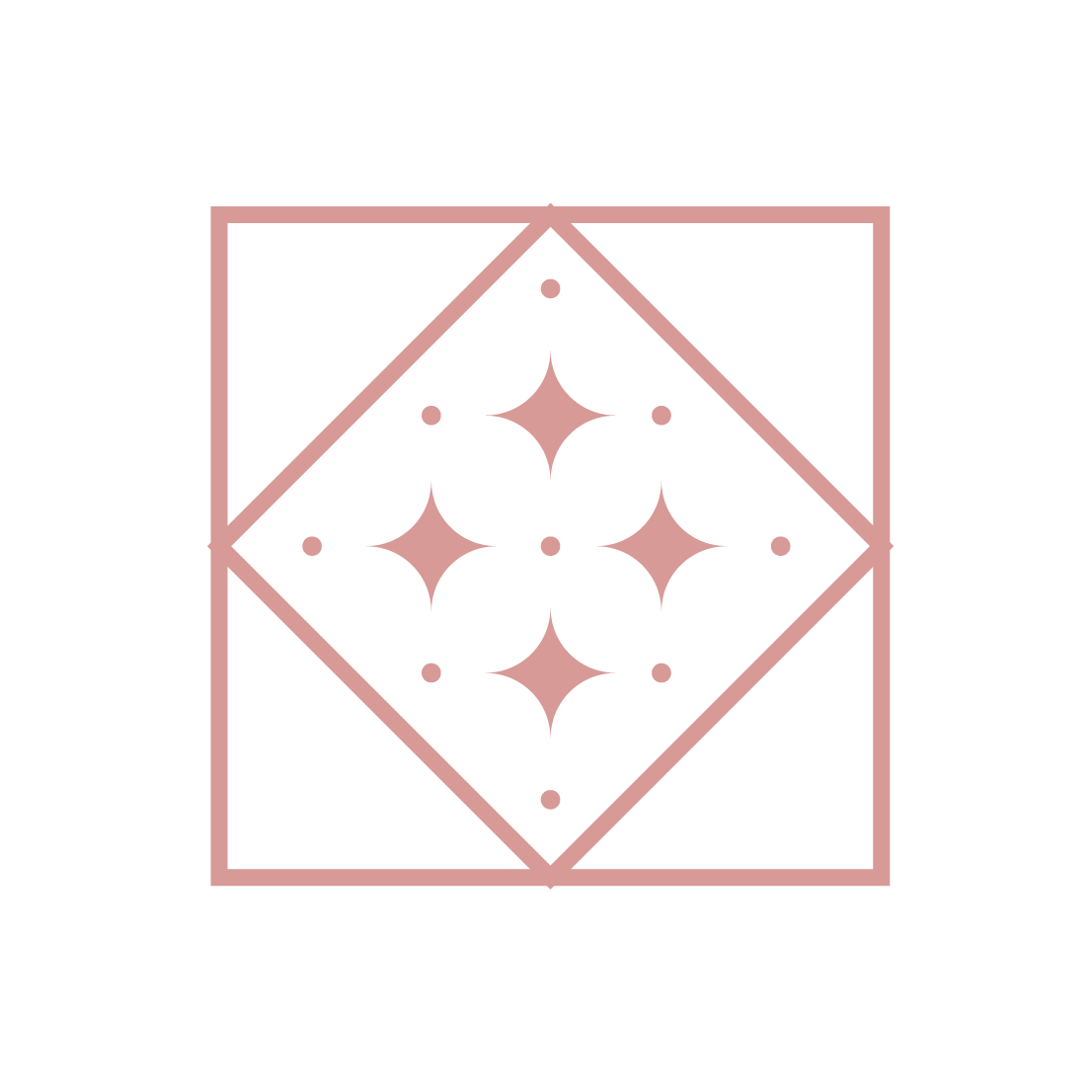 A minimalist geometric design featuring four sparkle stars arranged in a diamond pattern within a square border in rose pink.
