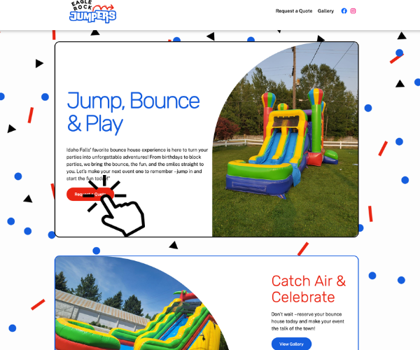 Colorful bounce house rental website featuring inflatable slides and party jumpers for kids events and celebrations.