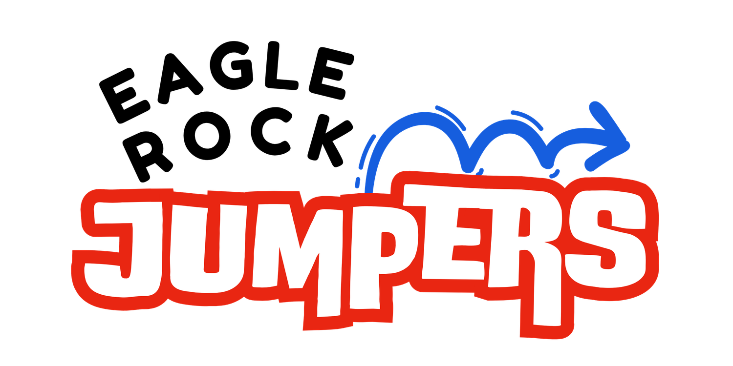 Eagle Rock Jumpers logo featuring bold red text with blue arrow accent on white background.