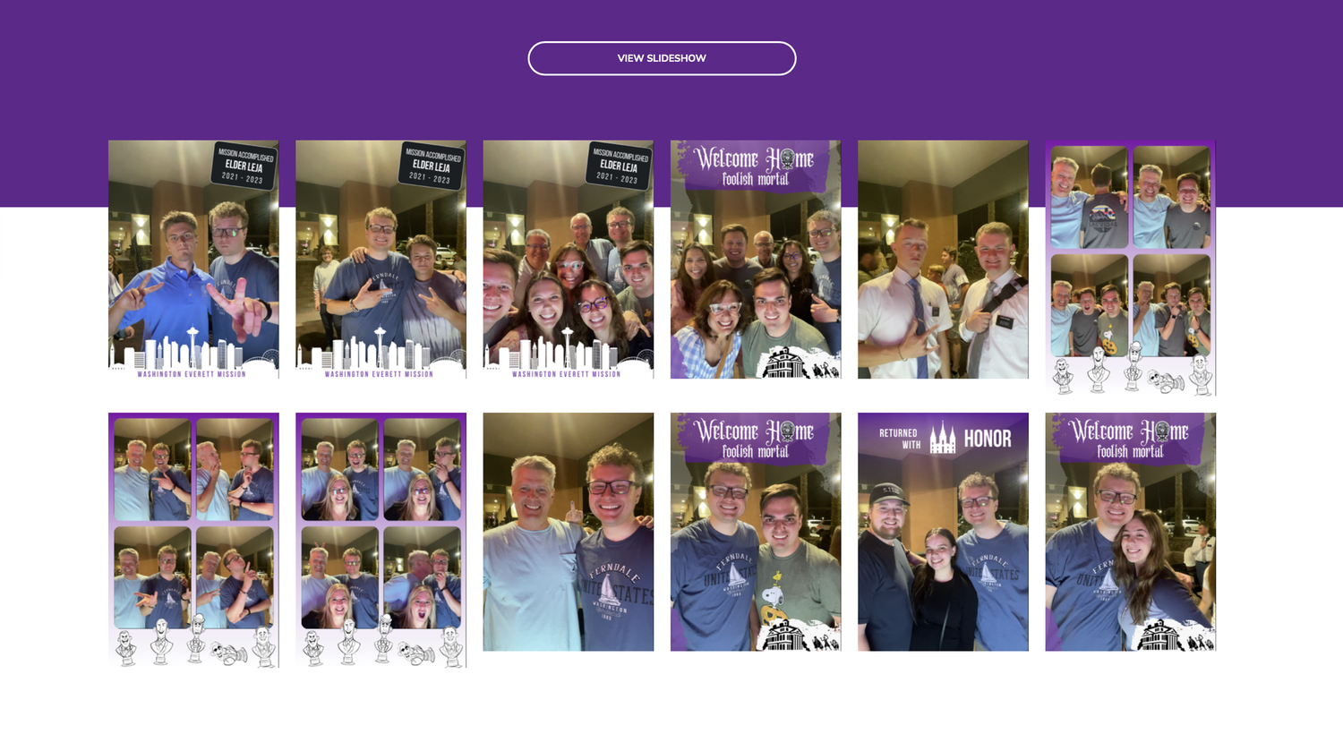 Group of people posing for photos at a purple-themed event, featuring multiple candid and posed group shots.