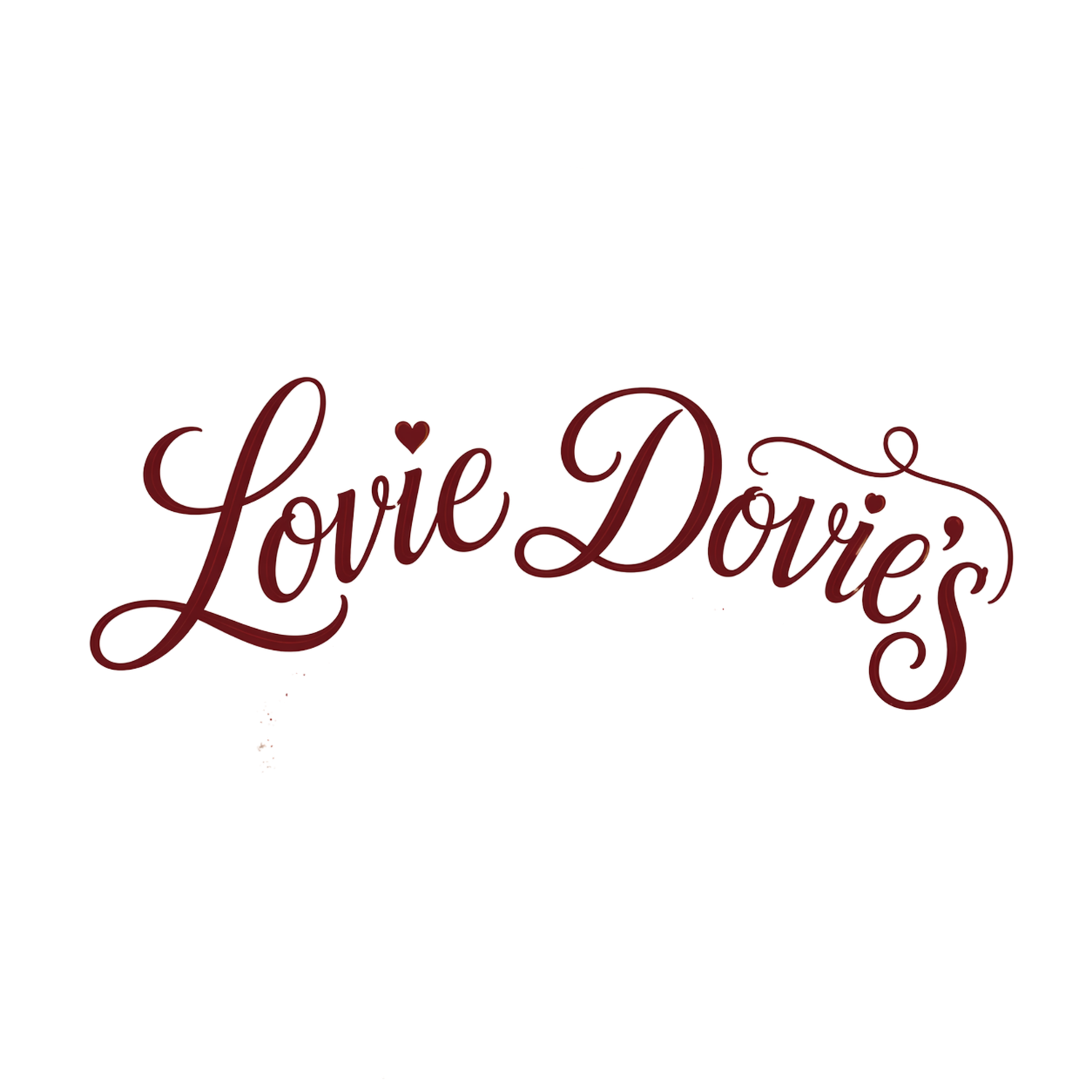 Lovie Dovie's elegant dark red cursive logo with a small heart accent on white background.