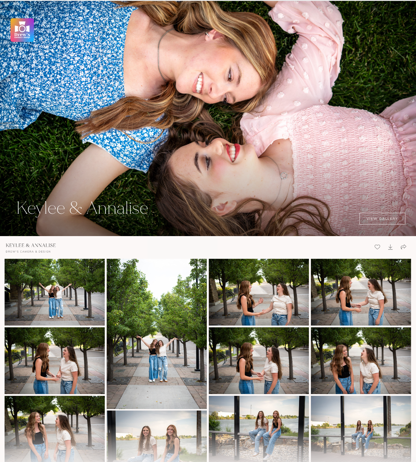 Photography gallery of two teenage girls posing outdoors, lying in grass and walking tree-lined paths.