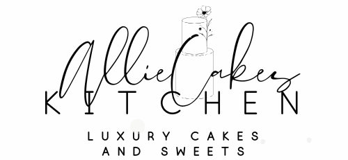 Allie Cakes Kitchen luxury cakes and sweets elegant script logo with minimalist cake illustration.