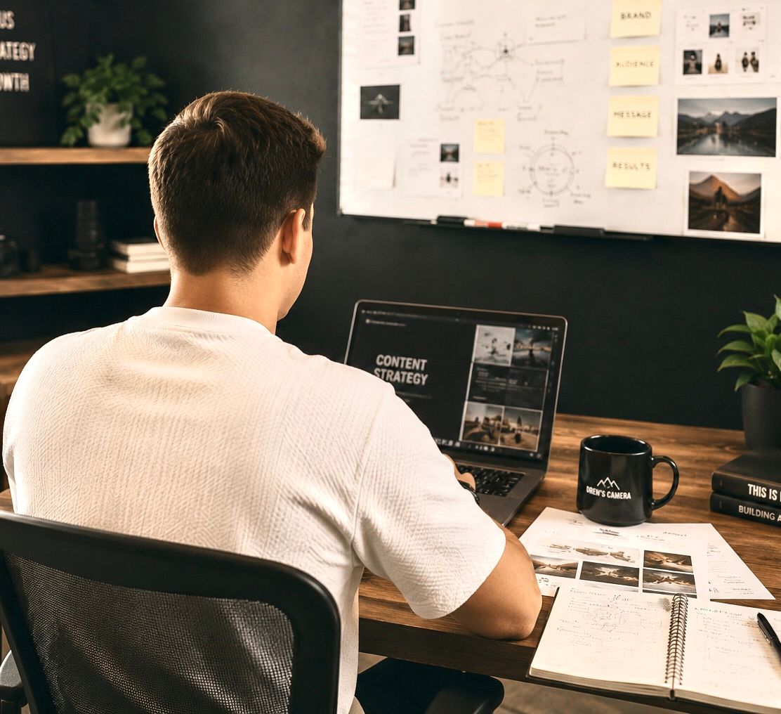 Man working at desk on laptop displaying content strategy, surrounded by notes and papers in a modern home office.