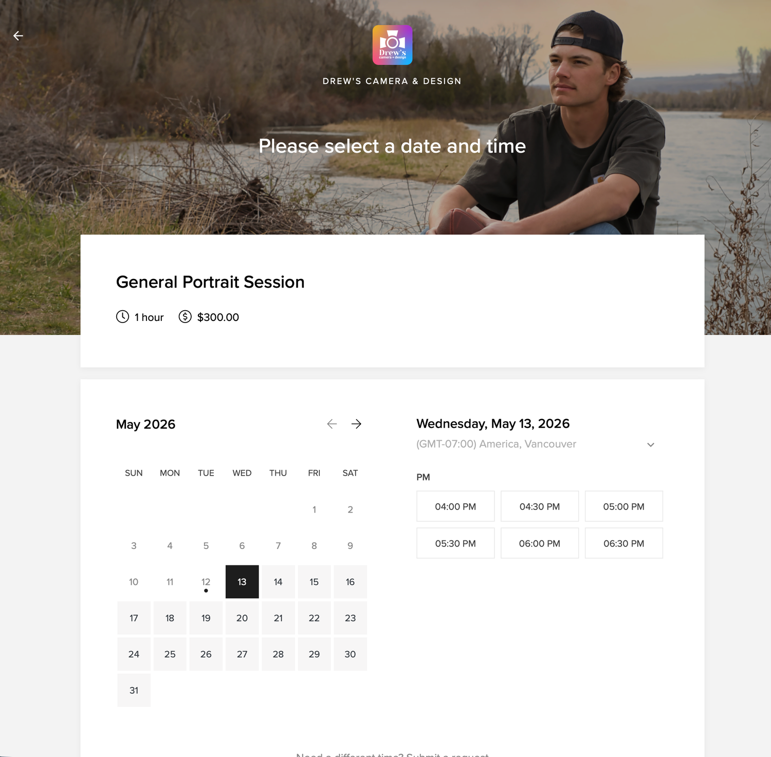 Online booking page for a general portrait session showing a calendar for scheduling in May 2026.