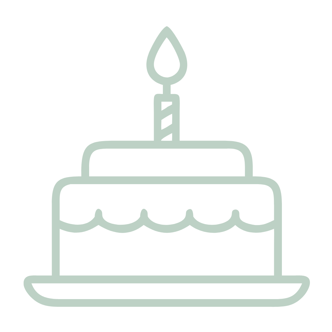 Simple line drawing icon of a birthday cake with single lit candle and decorative scalloped frosting detail on plate.