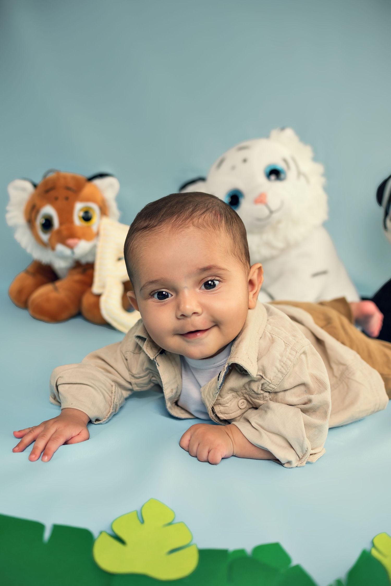 A baby lies on their stomach on a light blue background with stuffed animals visible in the background.