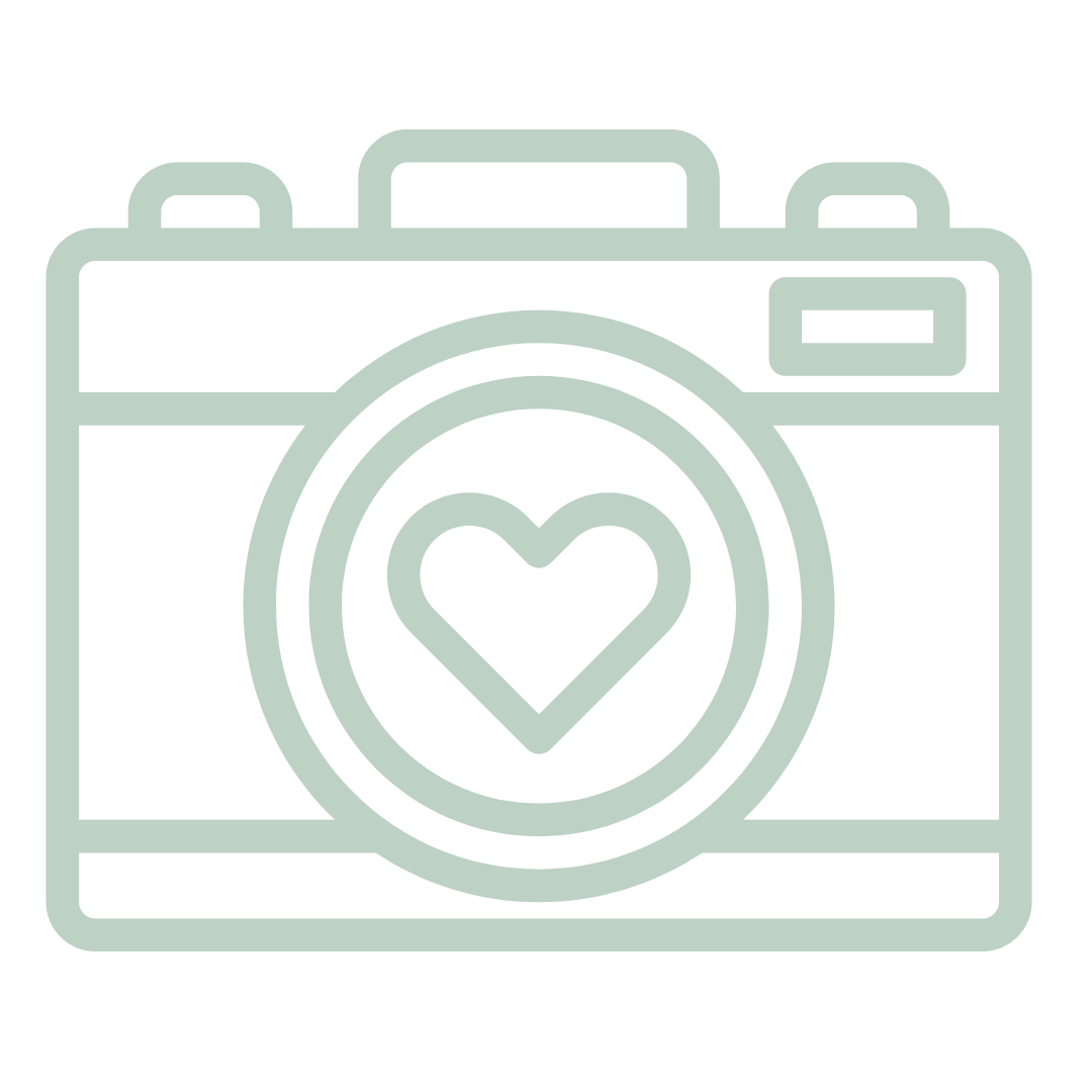 Line art illustrations of camera and photography equipment in light green.
