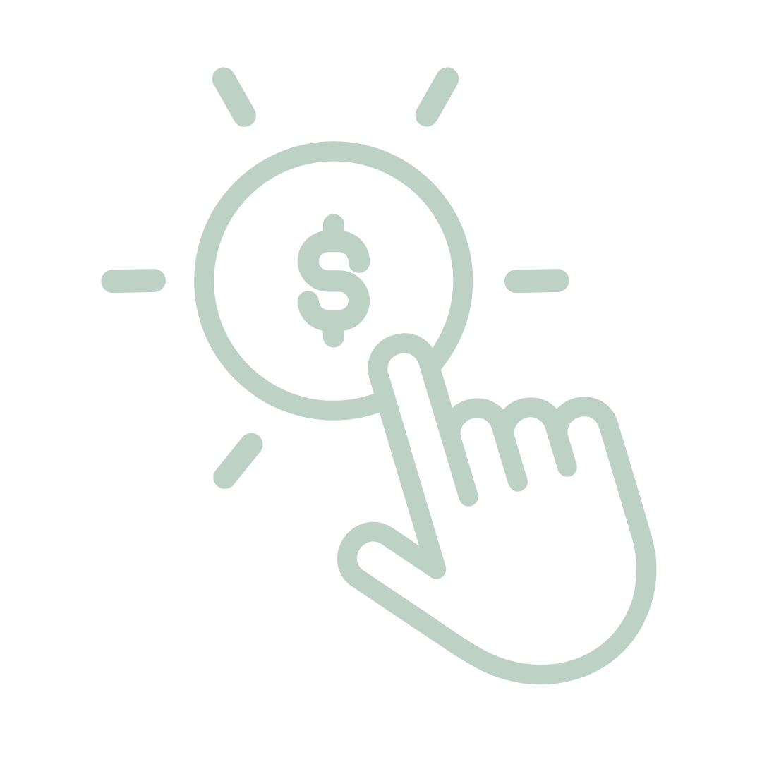 Line art icons of clocks and dollar signs in soft mint green.