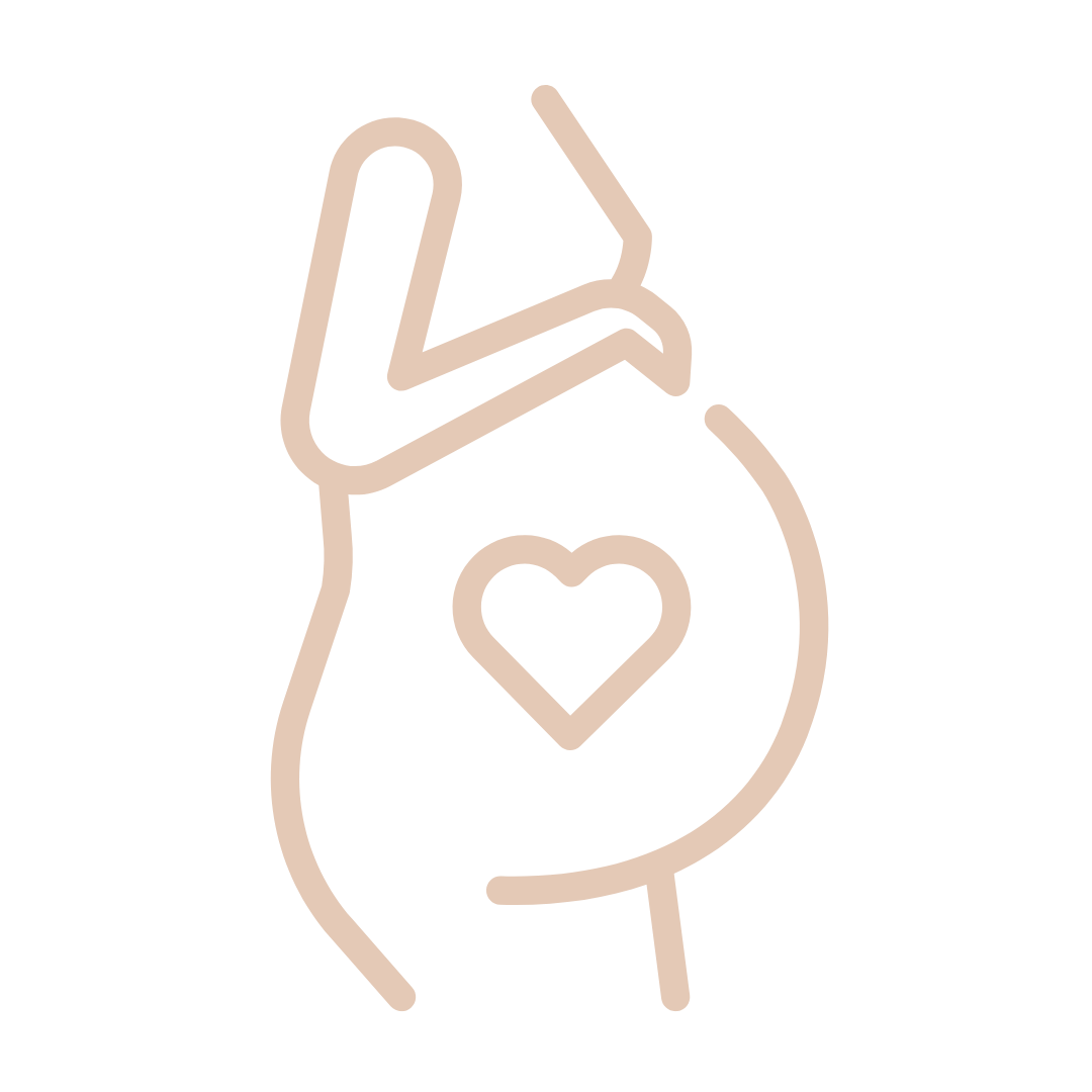 Simple line drawing of pregnant belly with heart symbol in soft pink.