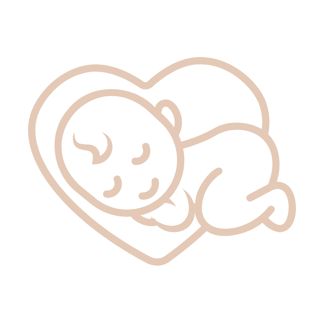 Simple line art illustration of a sleeping baby's face in light beige.