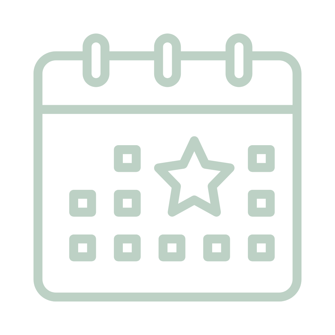 Minimalist line drawings of calendar icons in light green.