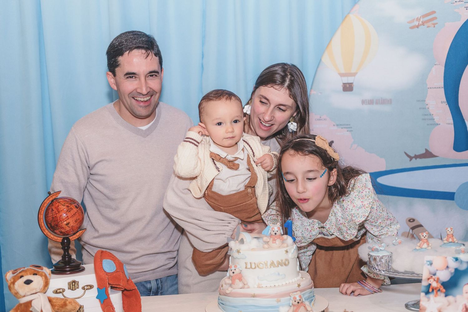 A compilation of photos showing moments from a first birthday celebration with cake, candles, and family members.