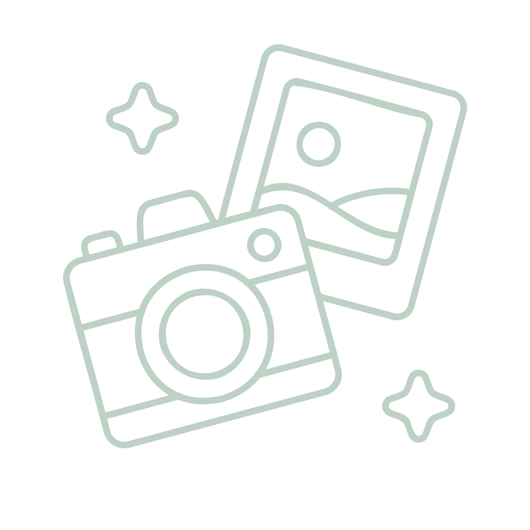 Photography gear and camera accessories illustrated in minimalist mint green line art.