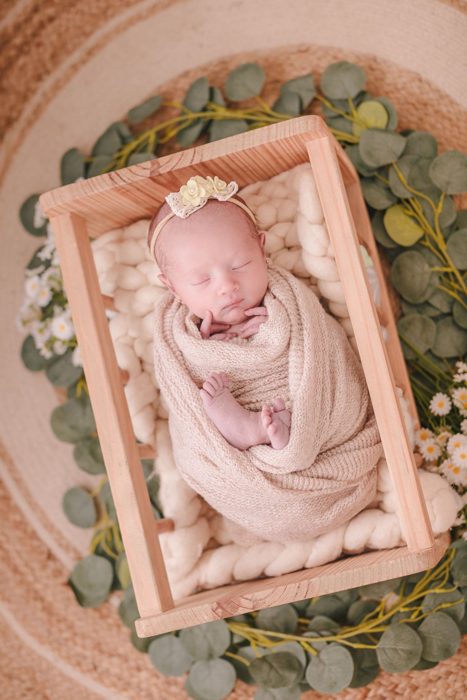 Newborn photography setup with wooden crate, eucalyptus leaves, and cozy knit blanket.
