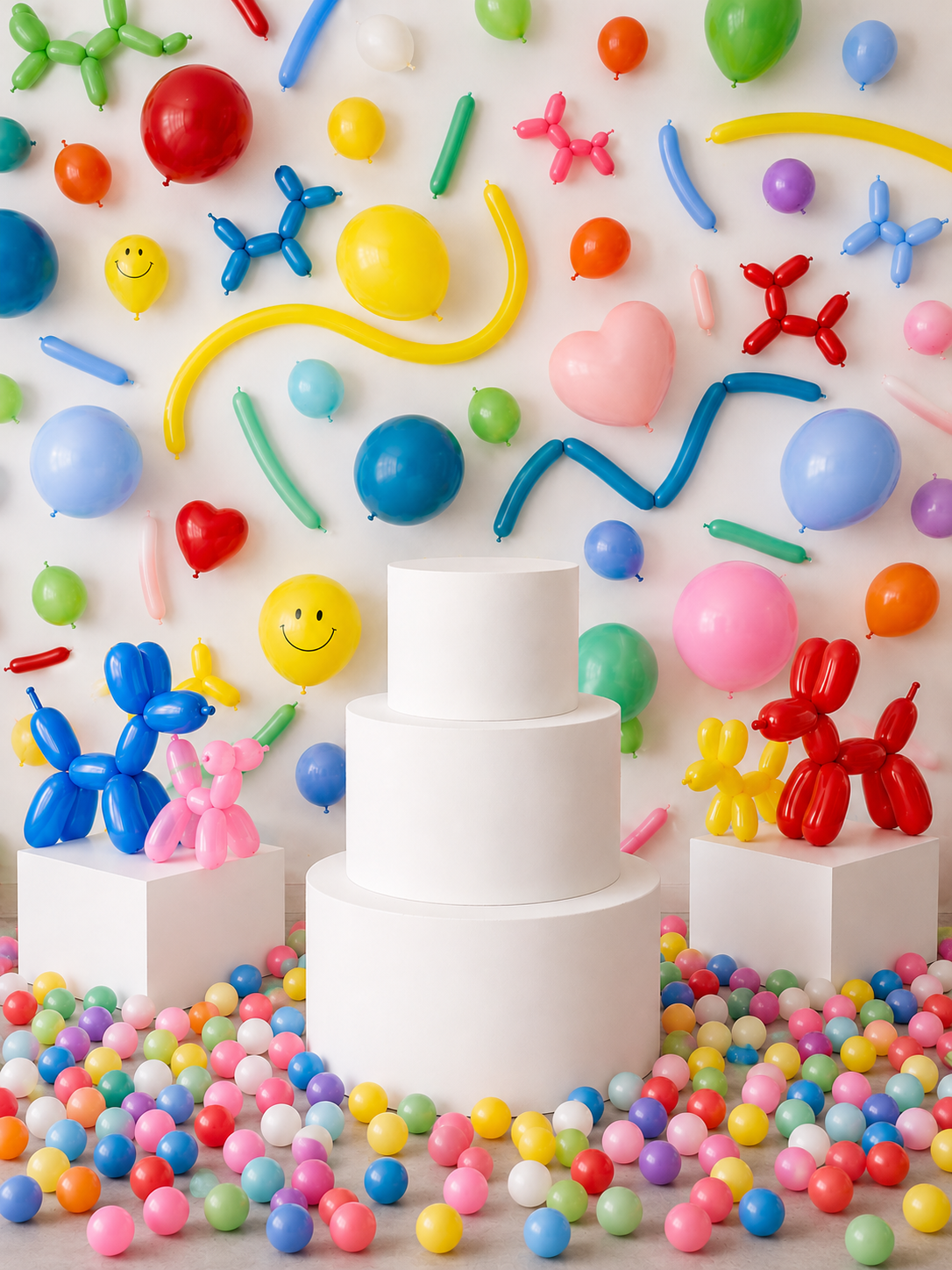 White tiered cake surrounded by colorful balloon animals, smiley face balloons, and scattered multicolored balls on white pedestals.