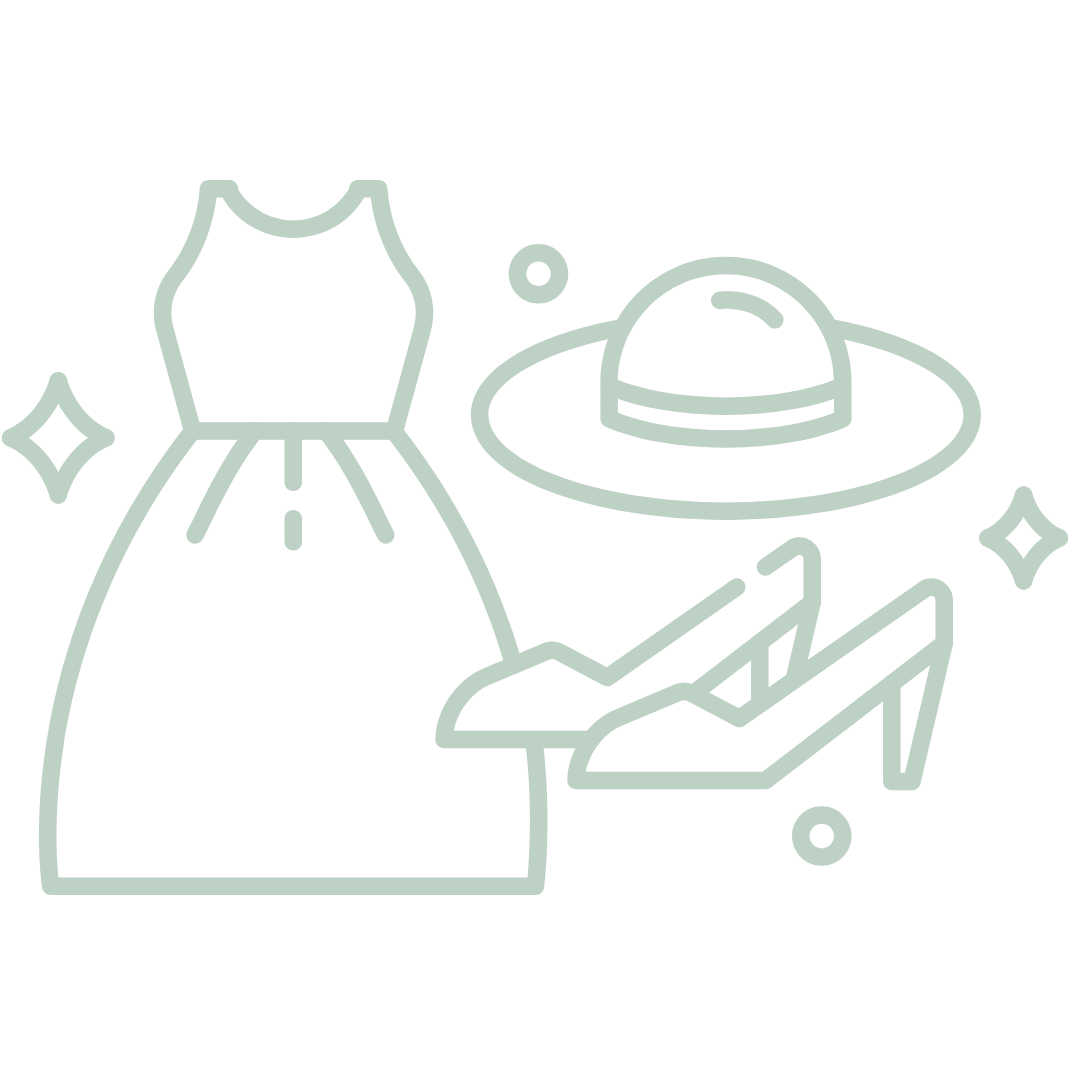 Simple line art illustration of a dress, sun hat and high heel shoe accessories in mint green color.