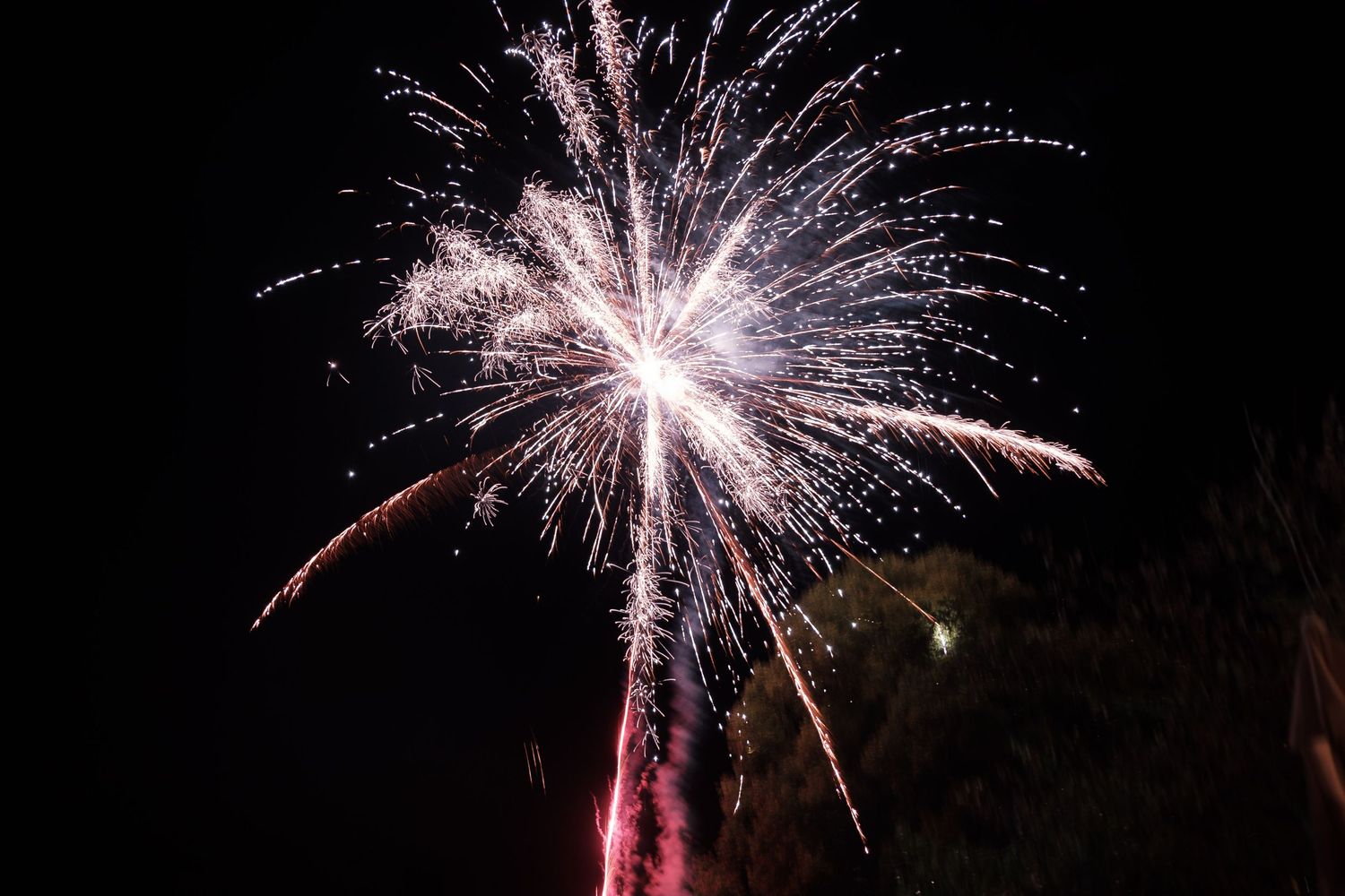 Multiple colorful fireworks burst in the night sky creating a stunning display of pink and white sparkles against darkness.