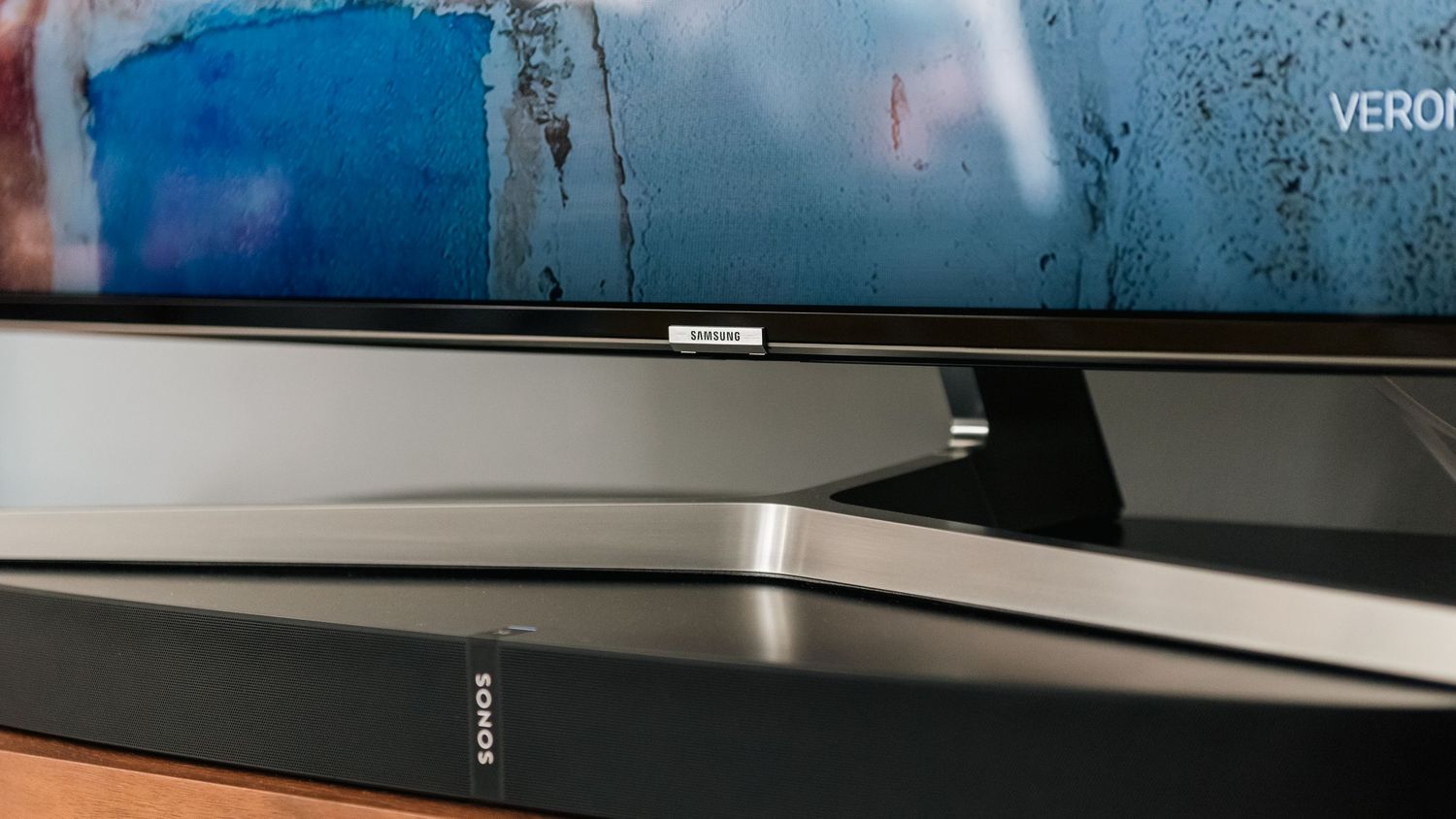 Close-up view of a modern black Sonos soundbar beneath a television screen shot in Leeds by 21 Photography