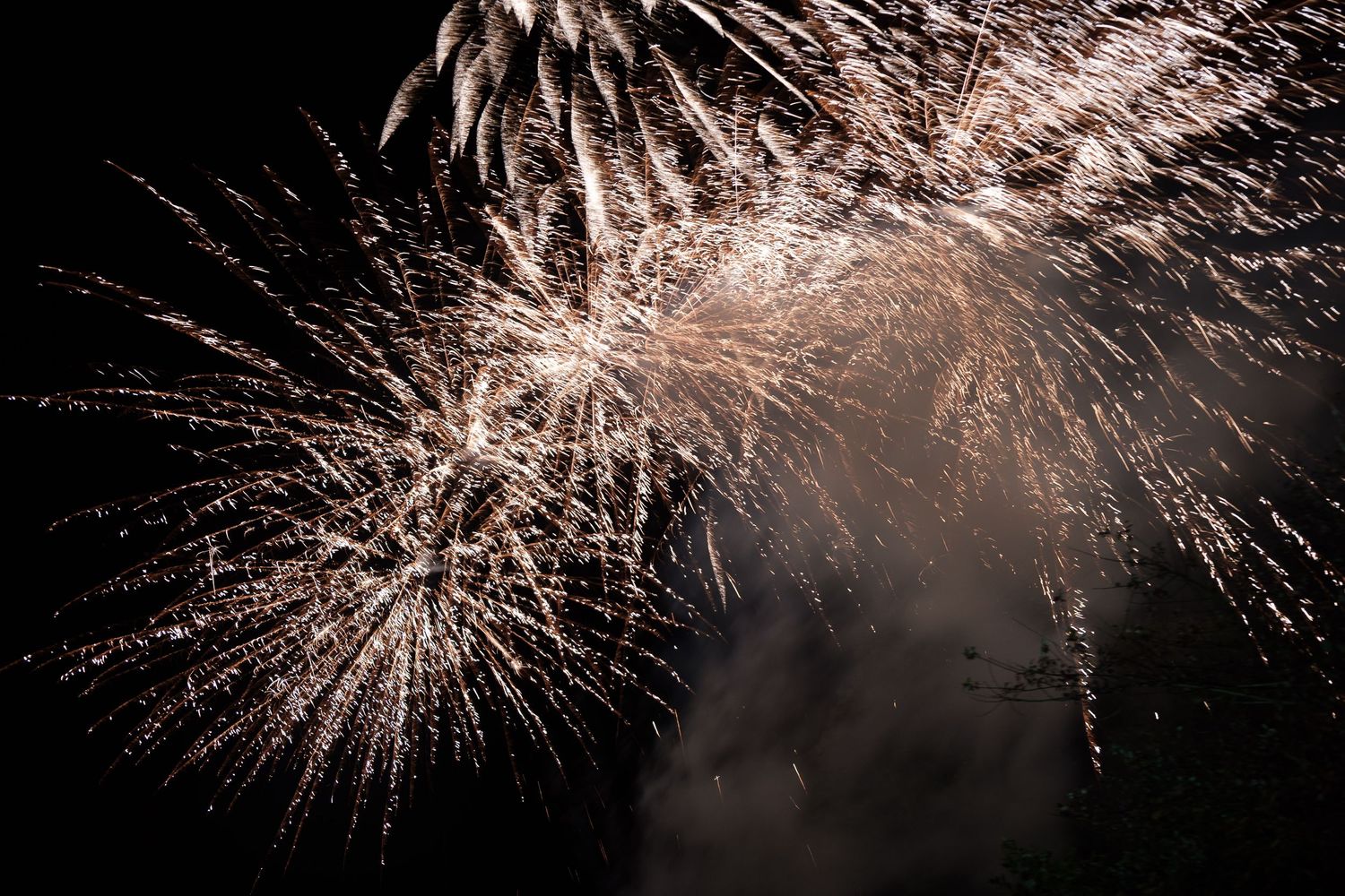Fireworks bursting in the night sky with bright white sparkles against dark background.