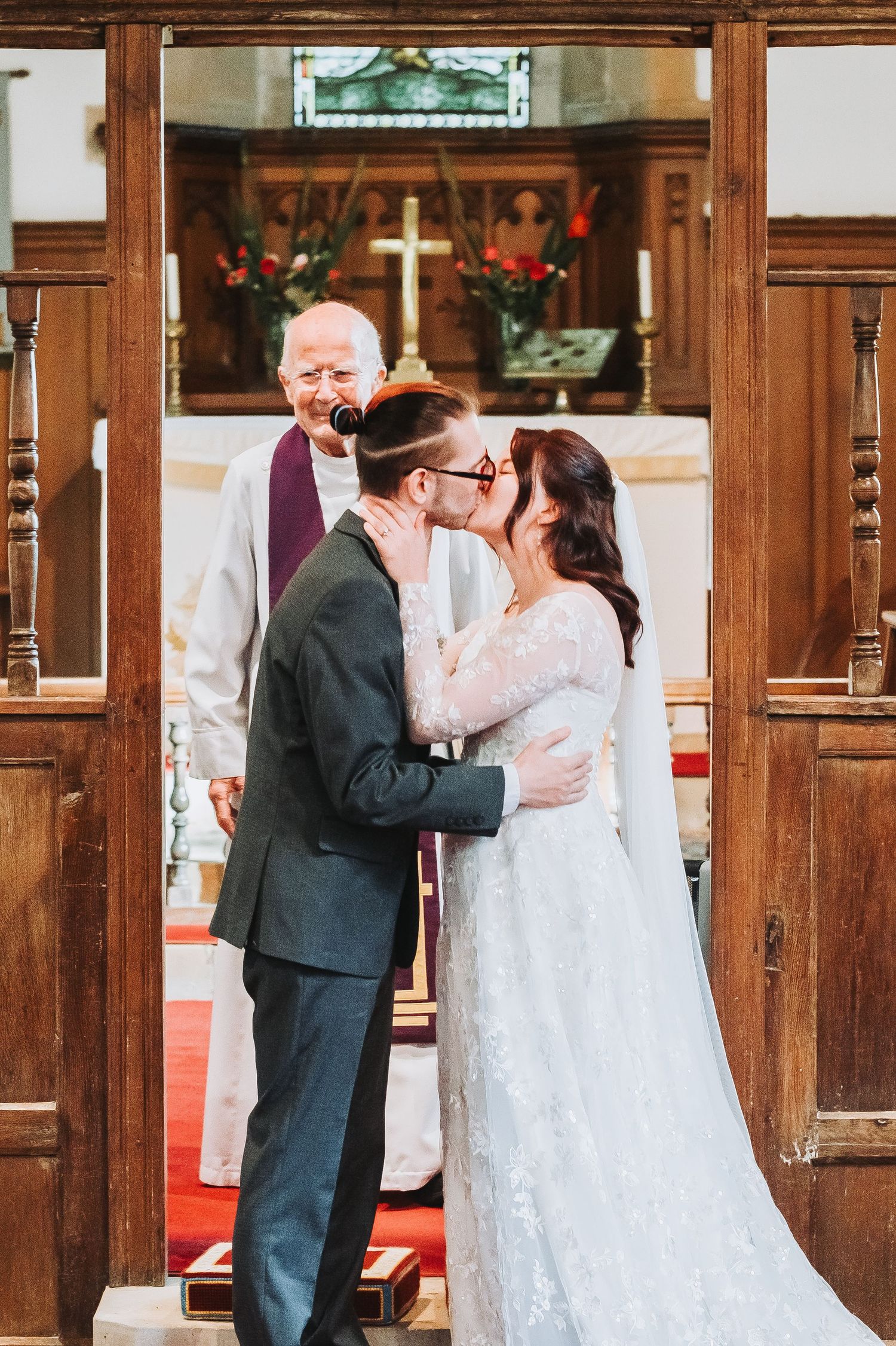 Tyson and Rebecca share their first kiss as newlyweds outside St Radegund’s Church, Derbyshire.