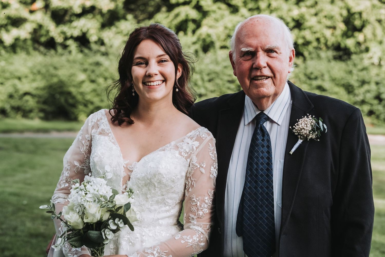 A collection of candid outdoor wedding portraits showing joyful moments between loved ones.