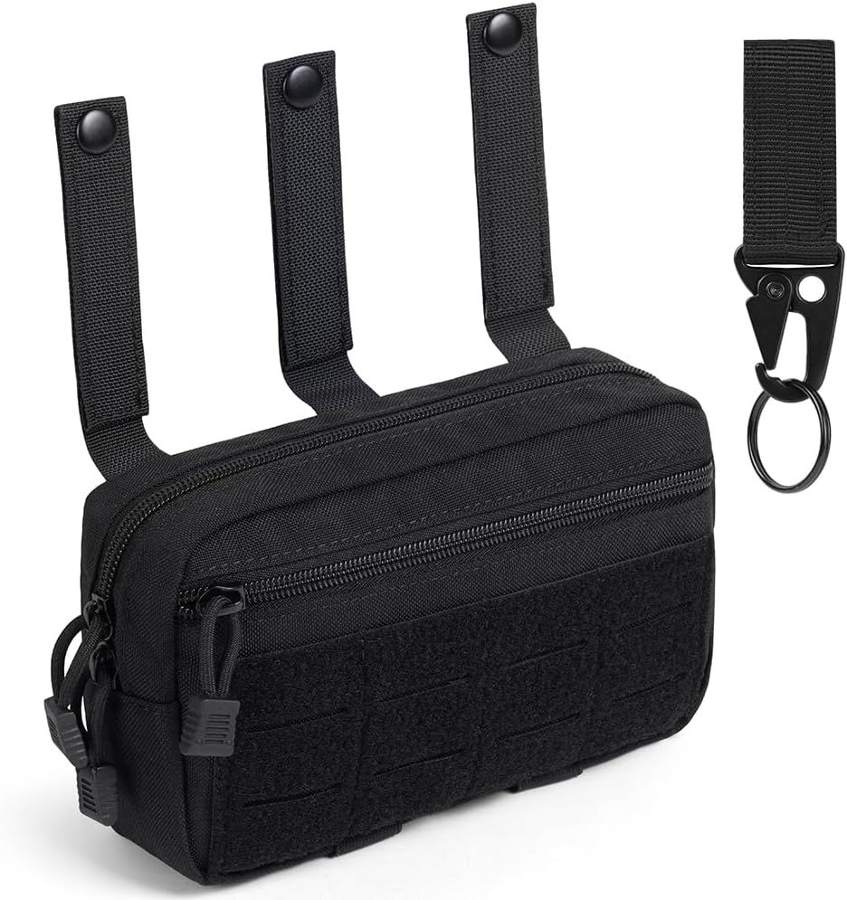 Black tactical MOLLE pouch with three attachment straps, zipper closure, and a carabiner keychain clip included.