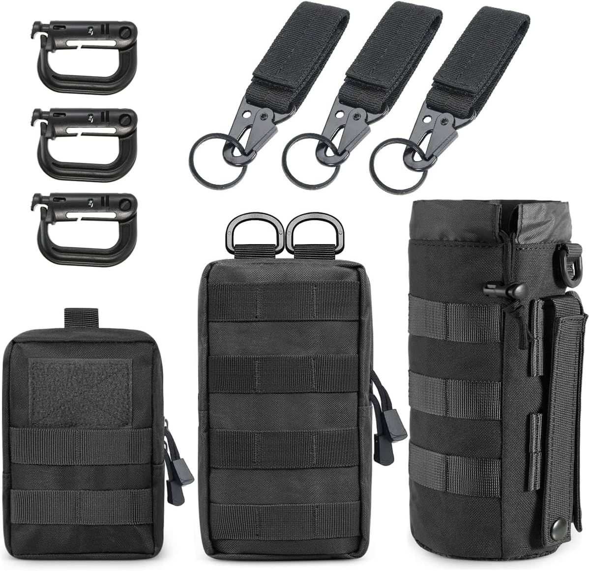 Black tactical MOLLE gear set including two pouches, water bottle holder, three keychains, and four D-ring clips.