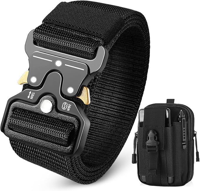 Black tactical nylon belt with quick-release metal buckle, bundled with a black MOLLE tactical pouch with multiple pockets.
