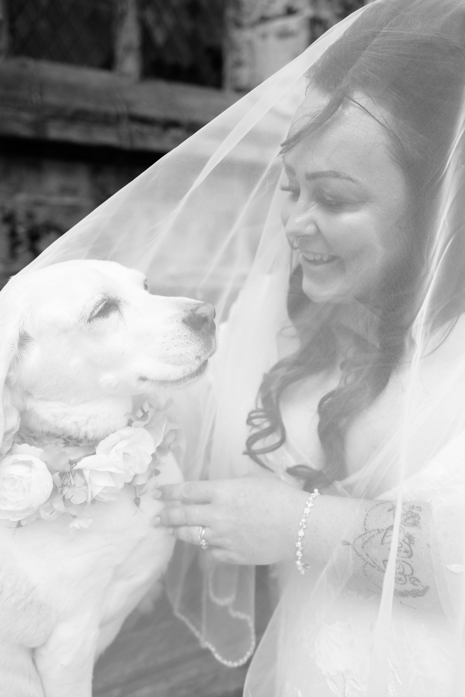 Black and white photo of a smiling bride in a veil sharing a tender moment with her flower-adorned dog on her wedding day.