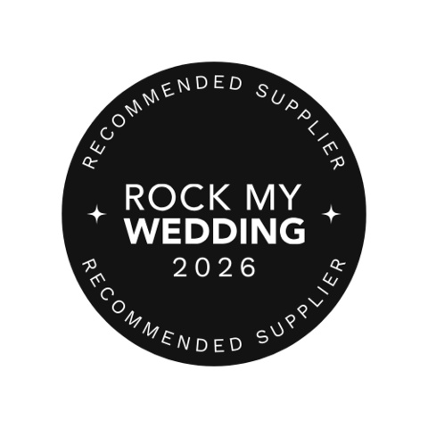 Black circular badge reading Rock My Wedding 2026 Recommended Supplier award logo.
